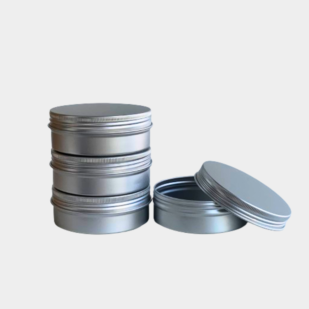 Four 120ml silver aluminum jars with round screw lid