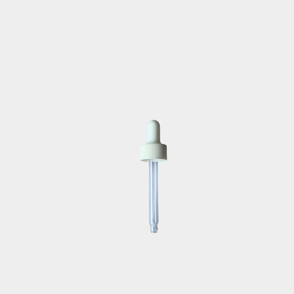 20/400 White PP Plastic Ribbed Skirt Dropper With 70.3mm Round Tip Glass Pipette